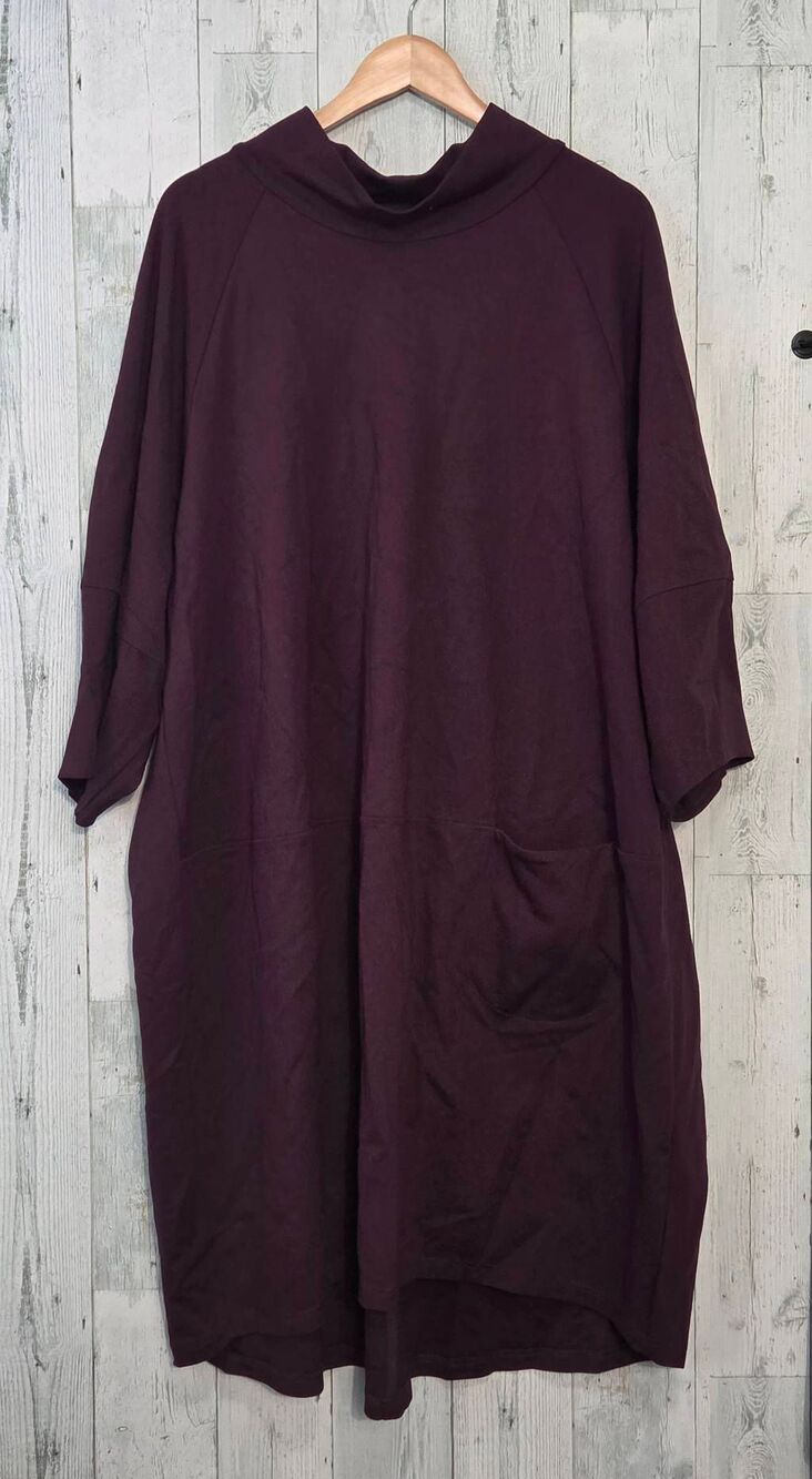 Noen Aubergine Viscose Blend Lagenlook Mock Neck Shift Midi Dress Sz. 14